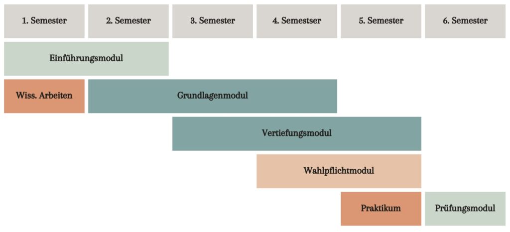 Ein beispielhafter Modulplan, eine Tabelle, aufgeteilt auf 6 Semester